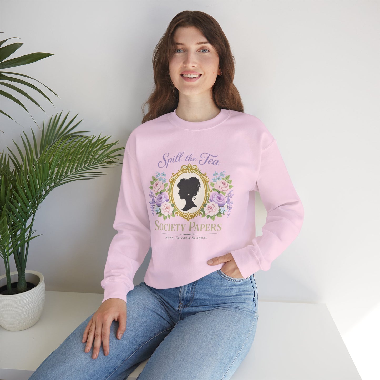 Spill the Tea Society Papers Crewneck Sweatshirt Floral Vintage Silhouette Bridgerton Shirt