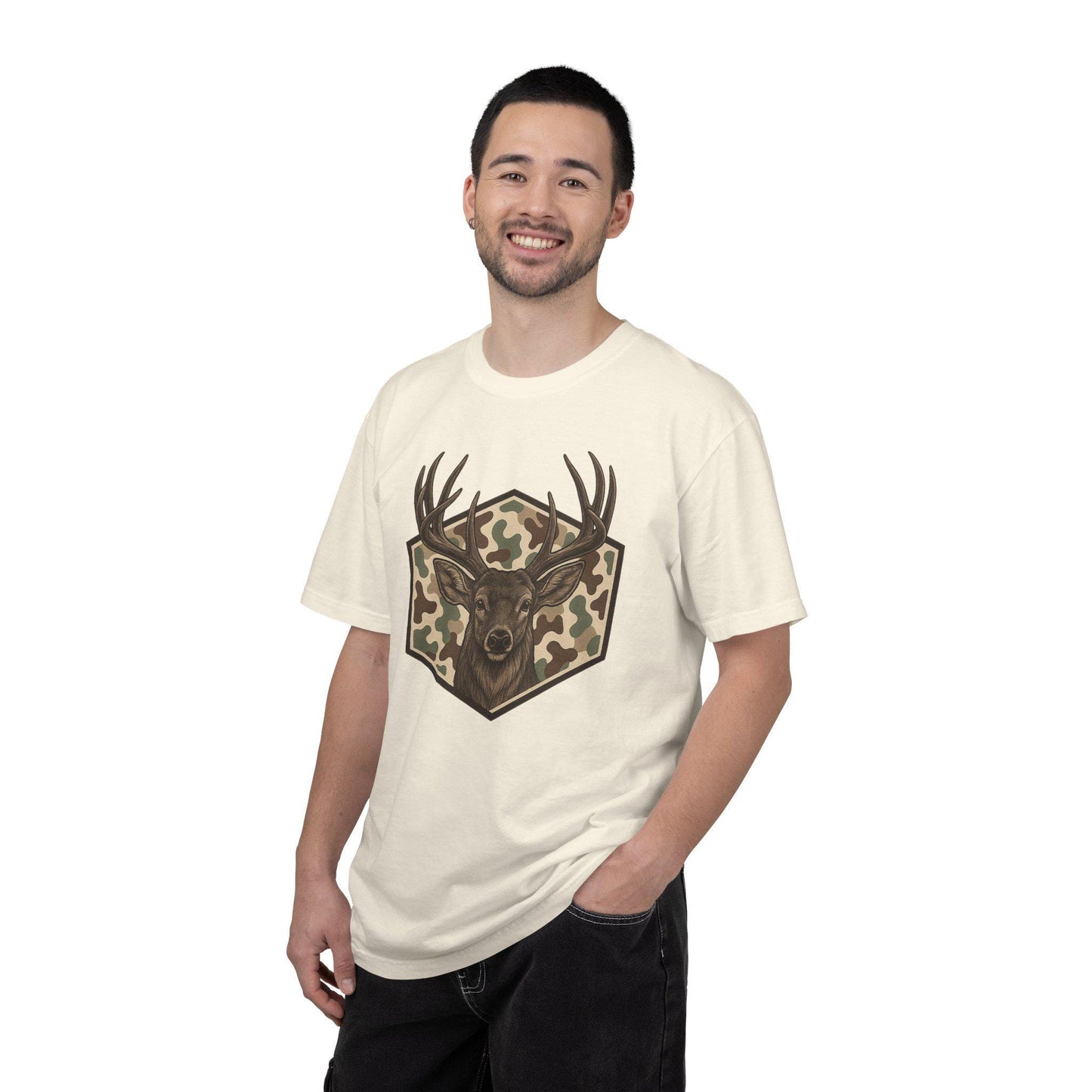 Buck Deer Head with Camo Shield TShirt Retro Vintage Hunting Outdoors Tshirt