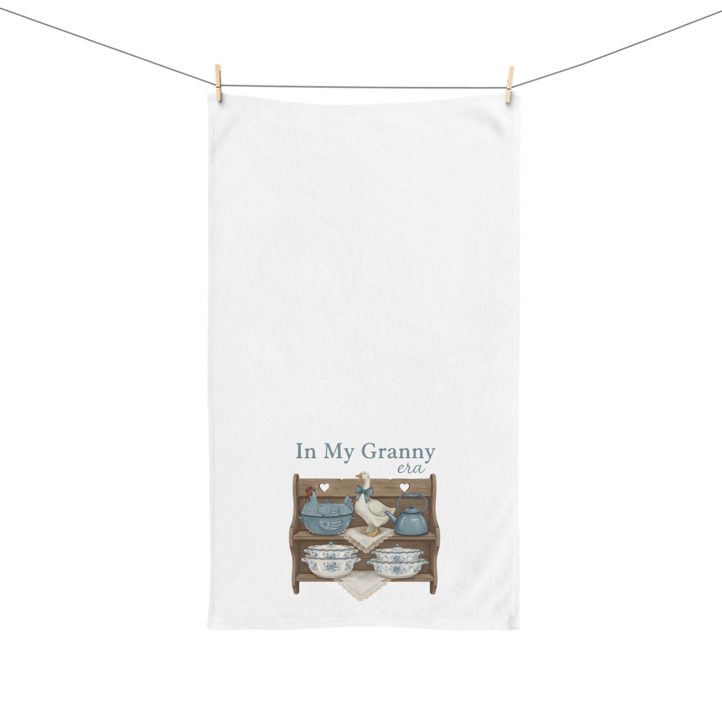 In My Granny Era Hand Towel Vintage Country Kitchen Shelf Blue Pottery Towel