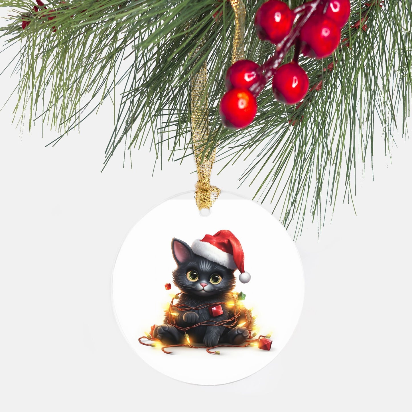 Christmas Kitty wrapped with lights Ornament - Clear Acrylic (Round)