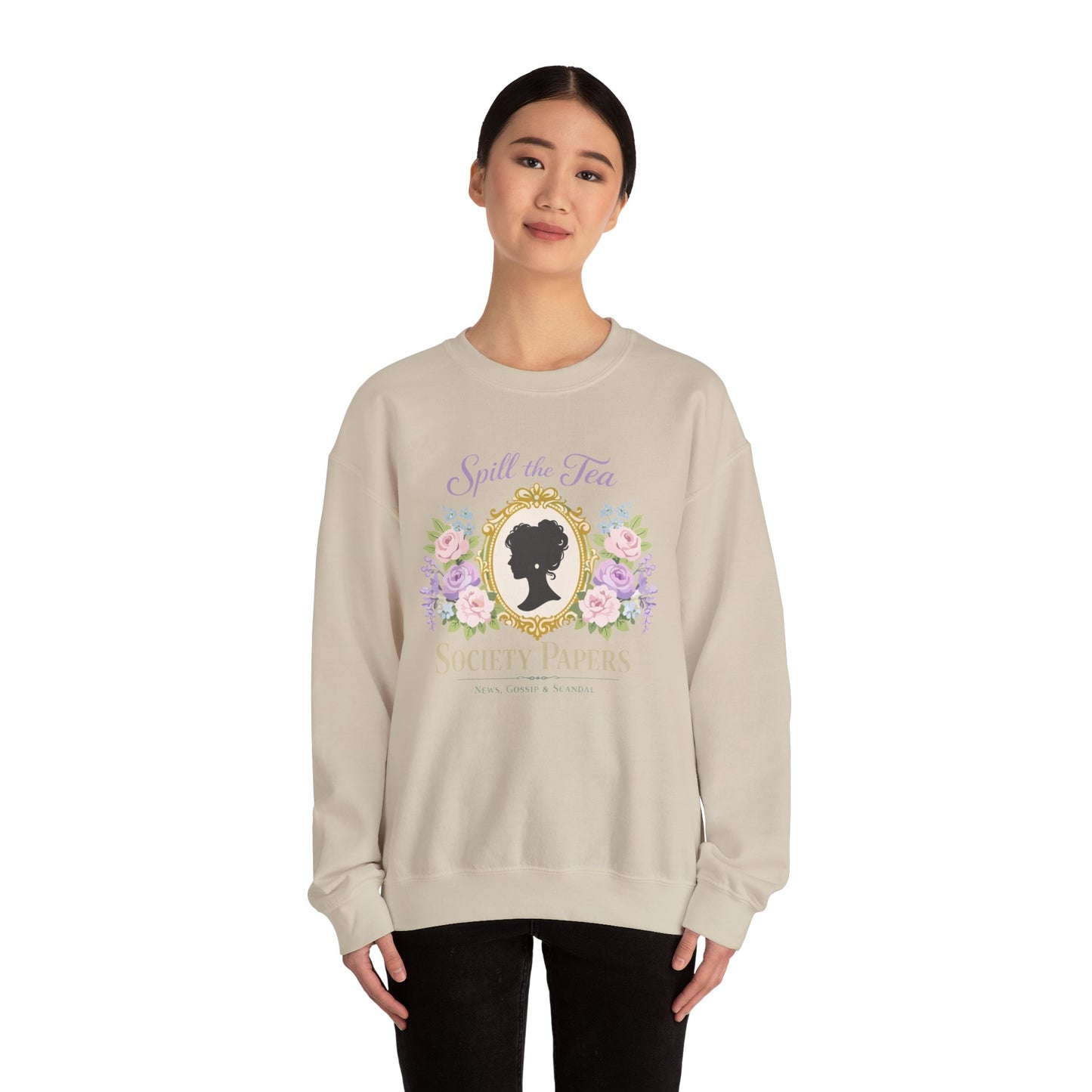 Spill the Tea Society Papers Crewneck Sweatshirt Floral Vintage Silhouette Bridgerton Shirt