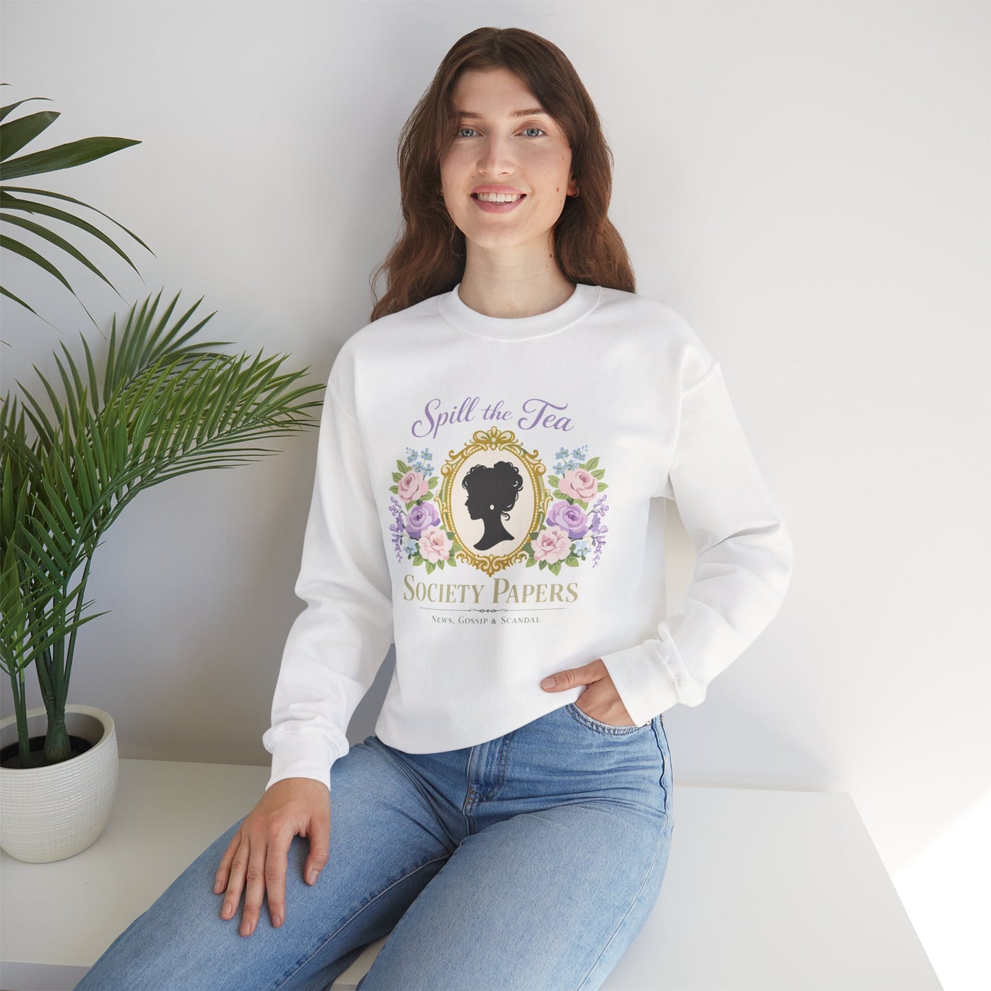 Spill the Tea Society Papers Crewneck Sweatshirt Floral Vintage Silhouette Bridgerton Shirt
