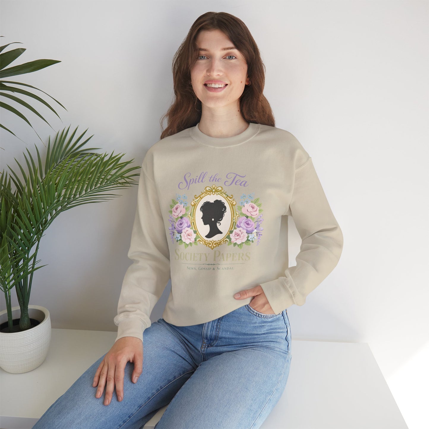 Spill the Tea Society Papers Crewneck Sweatshirt Floral Vintage Silhouette Bridgerton Shirt