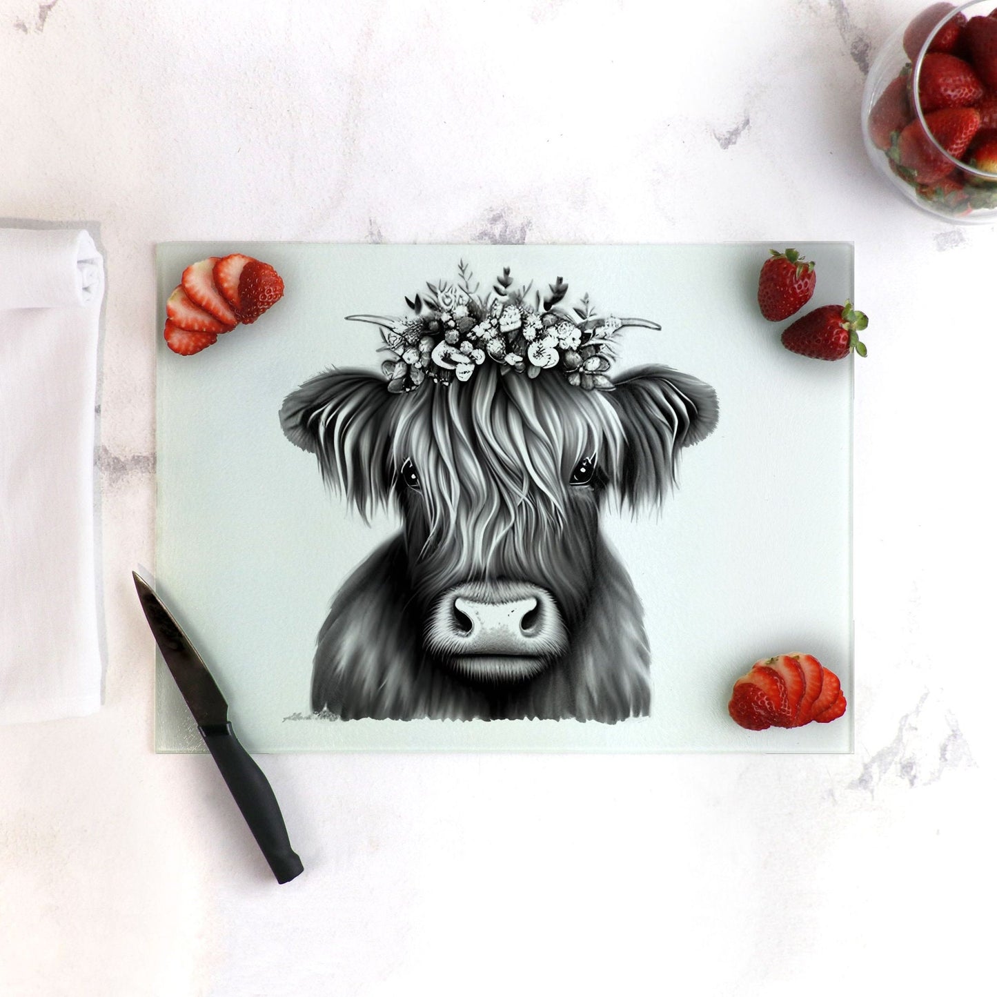 Country Heifer Glass Cutting Board Lrg. (15.75" x 11.5")
