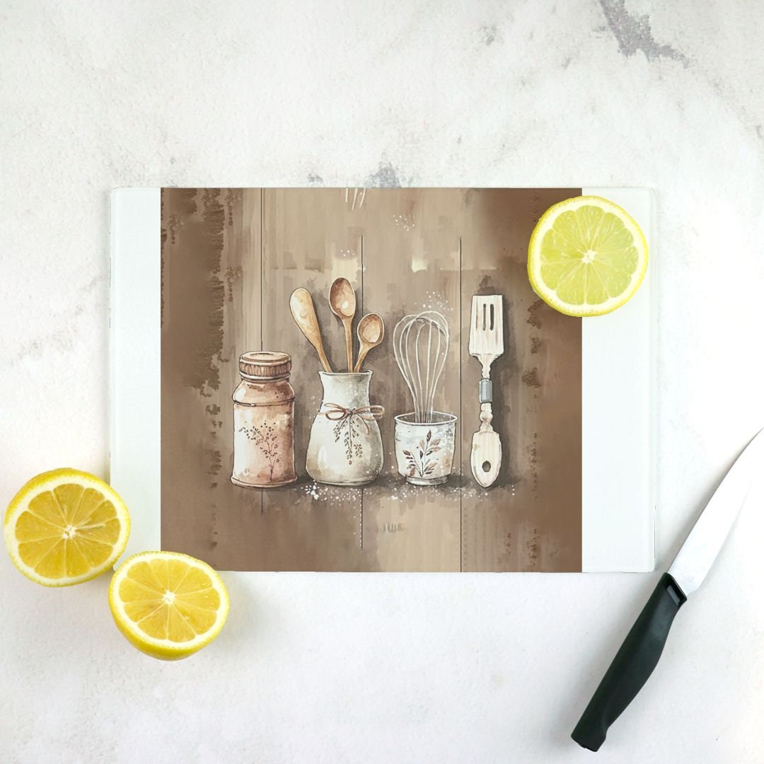 Country Wooden Spoon Glass Cutting Board Lrg. (15.75" x 11.5")