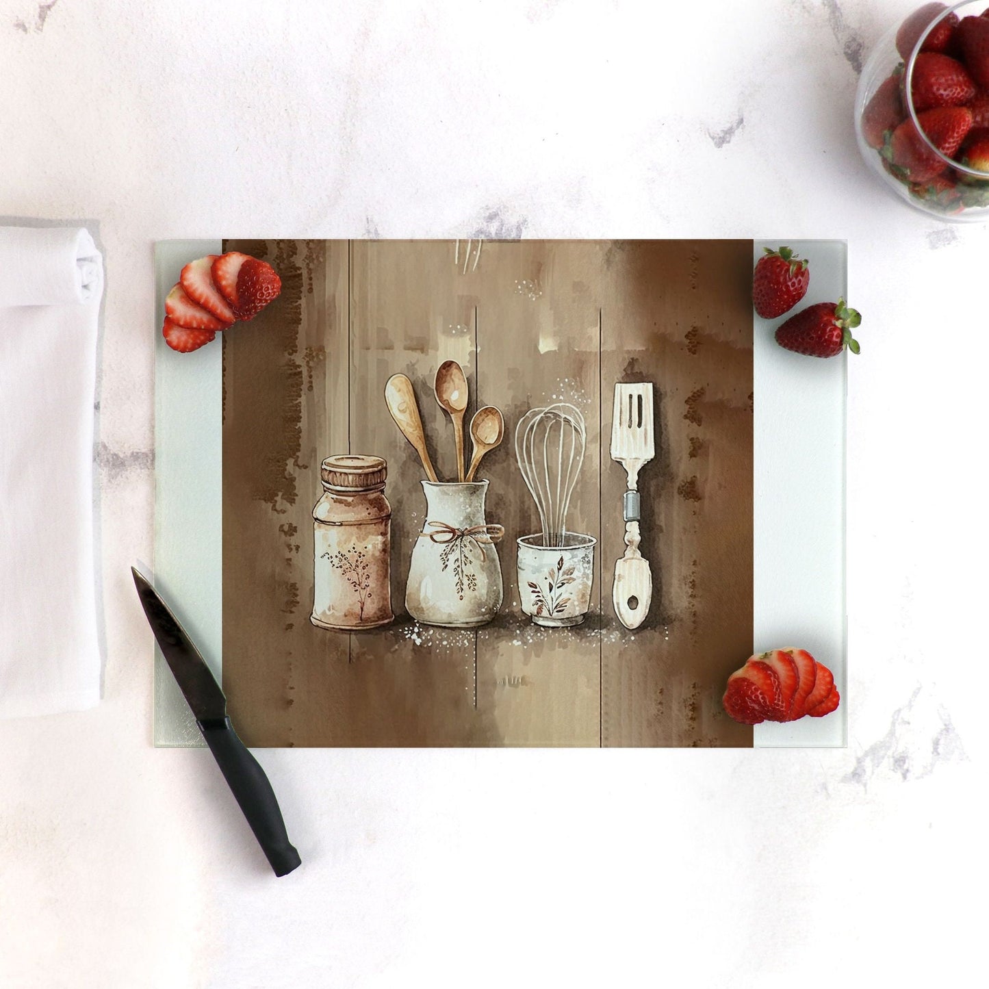 Country Wooden Spoon Glass Cutting Board Lrg. (15.75" x 11.5")