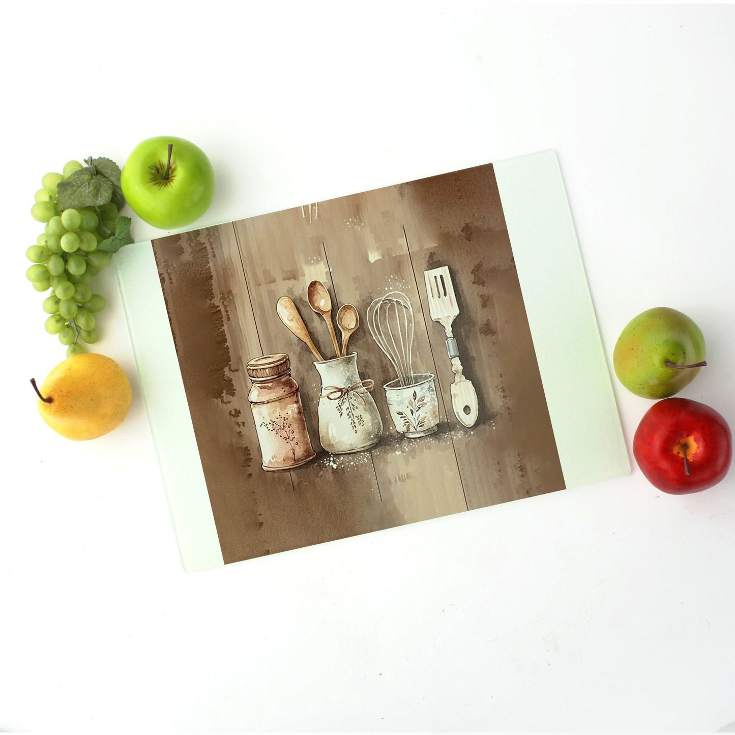 Country Wooden Spoon Glass Cutting Board Lrg. (15.75" x 11.5")