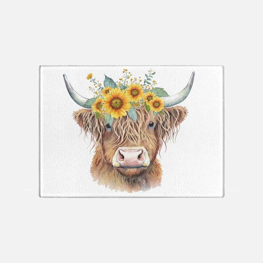 Sunflowers and Highland Cow Glass Cutting Board Lrg. (15.75" x 11.5")