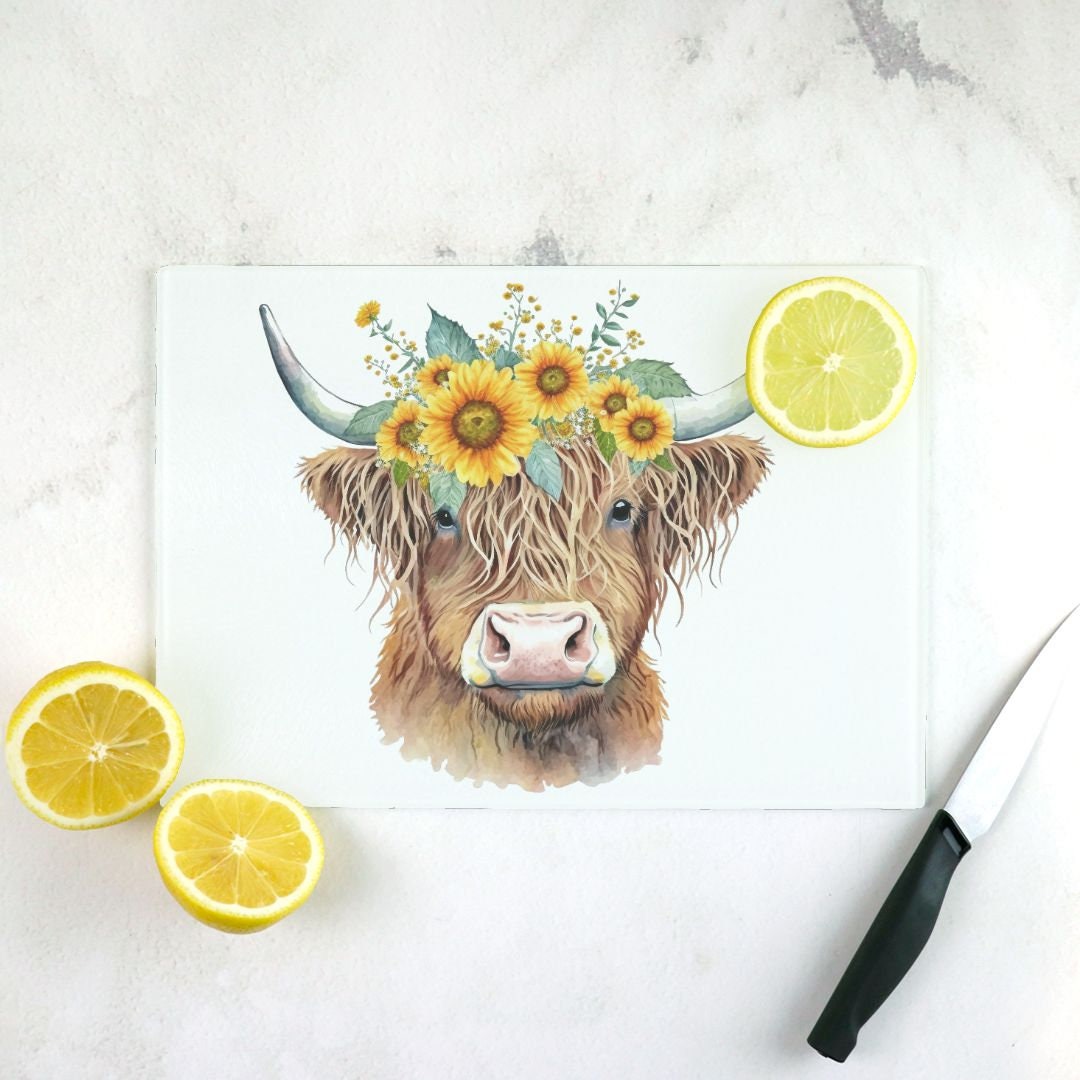 Sunflowers and Highland Cow Glass Cutting Board Lrg. (15.75" x 11.5")