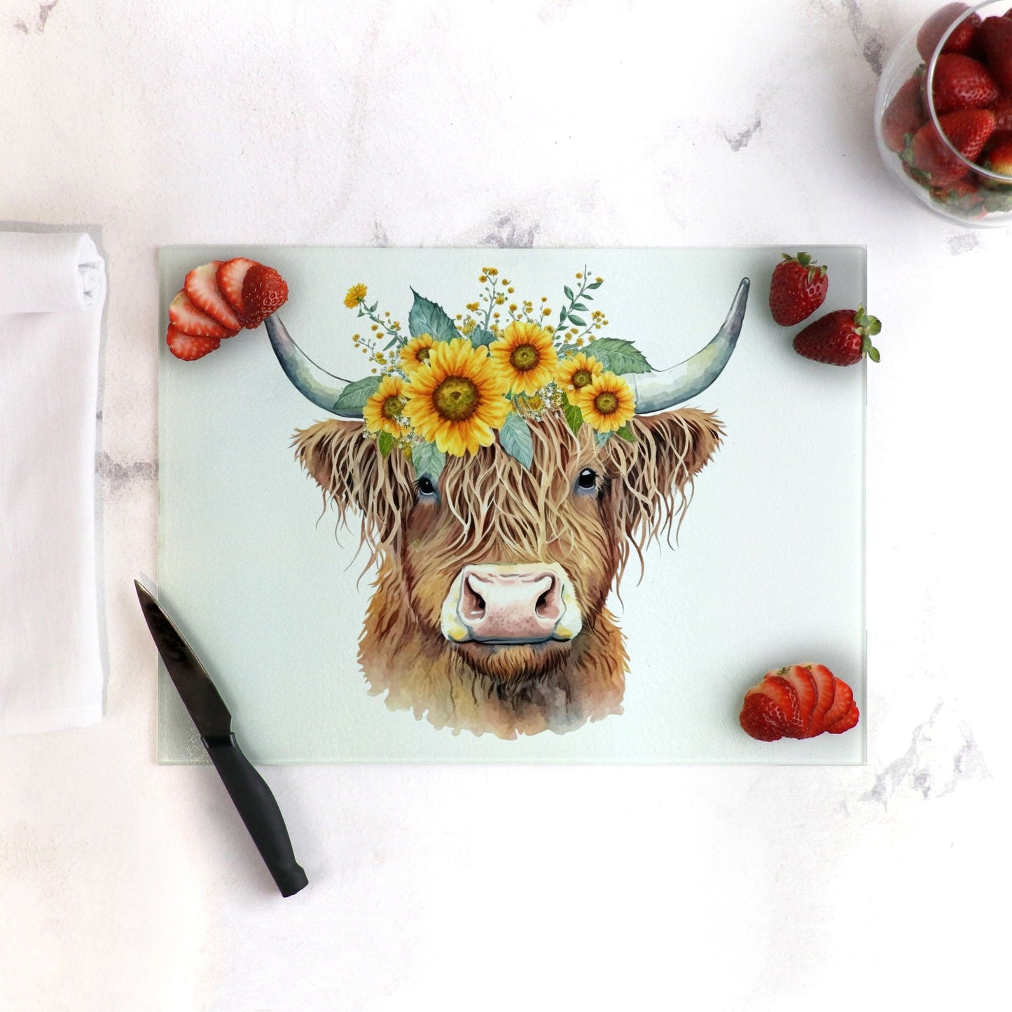 Sunflowers and Highland Cow Glass Cutting Board Lrg. (15.75" x 11.5")