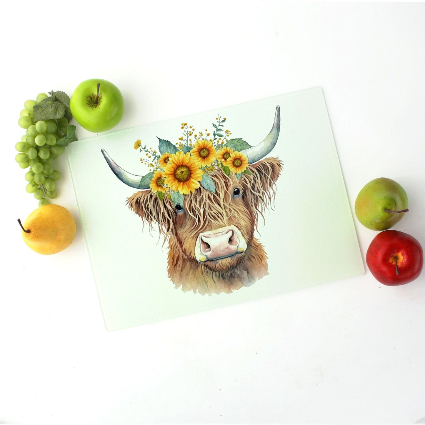 Sunflowers and Highland Cow Glass Cutting Board Lrg. (15.75" x 11.5")