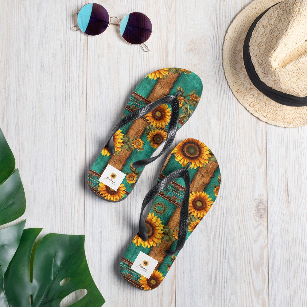 Turquoise and Sunflowers Flip-Flops