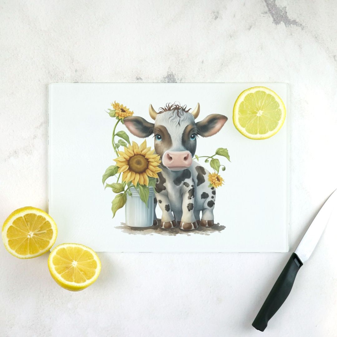Country Cow and Sunflower Glass Cutting Board Lrg. (15.75" x 11.5")