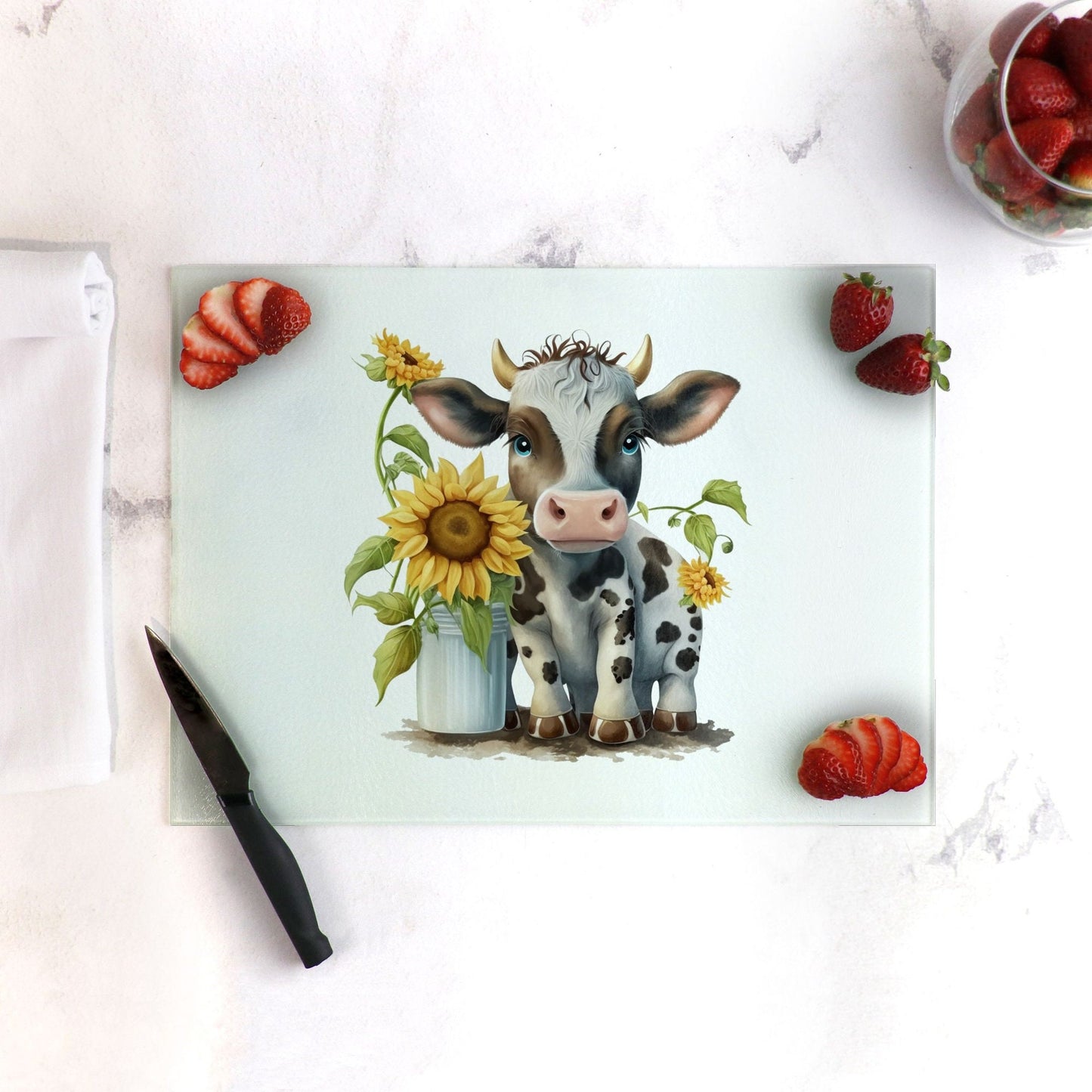 Country Cow and Sunflower Glass Cutting Board Lrg. (15.75" x 11.5")
