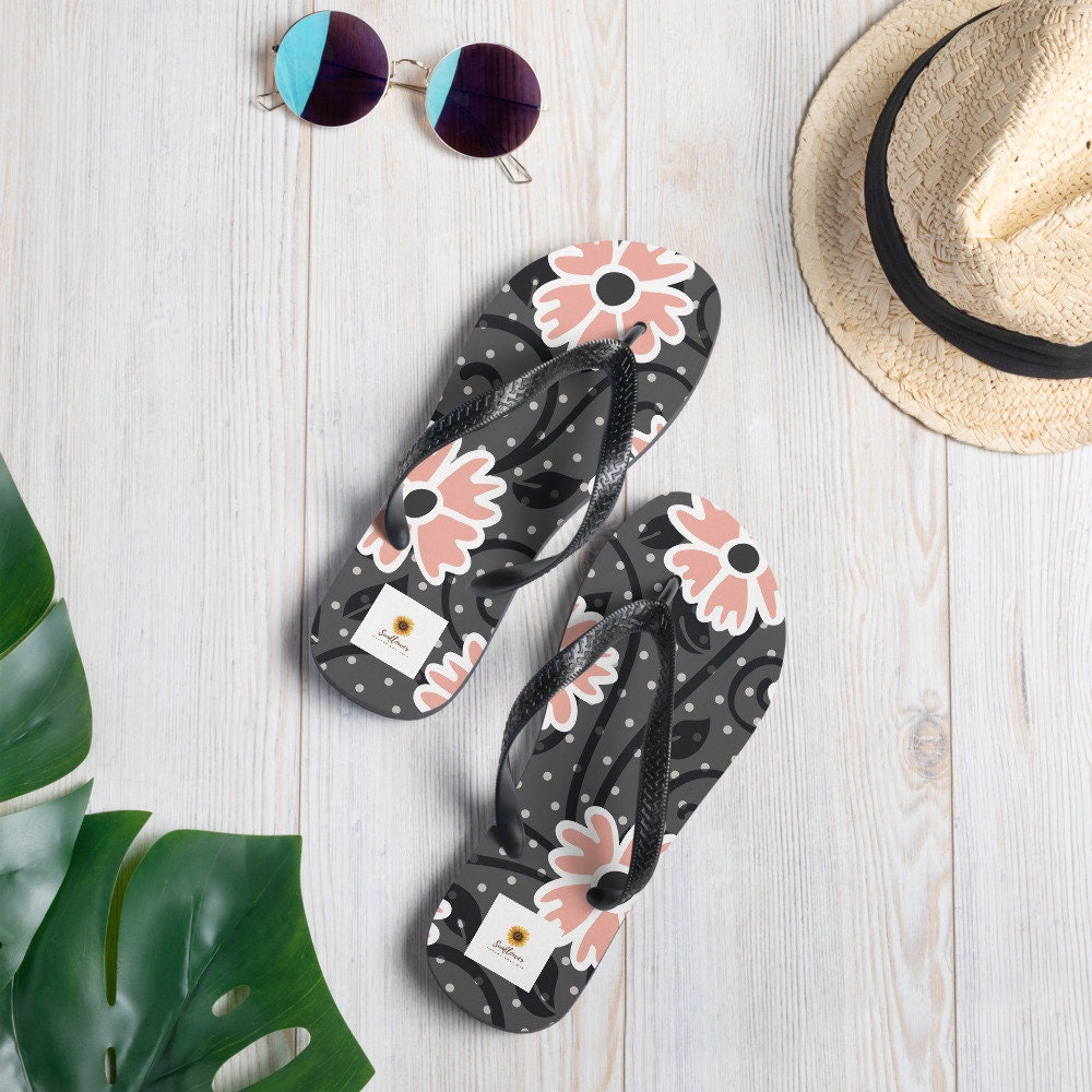 Pink and Black Fowers Flip-Flops