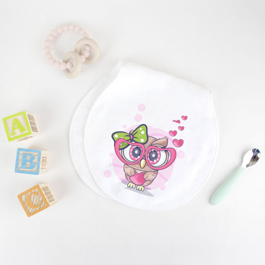 Little Miss Owl with glasses Peanut Burp Cloth