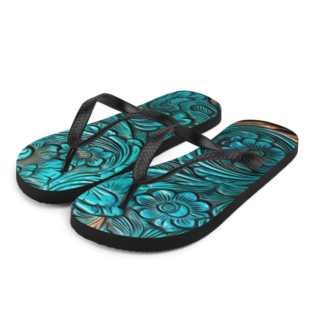 Scrolled leather design blue Flip-Flops