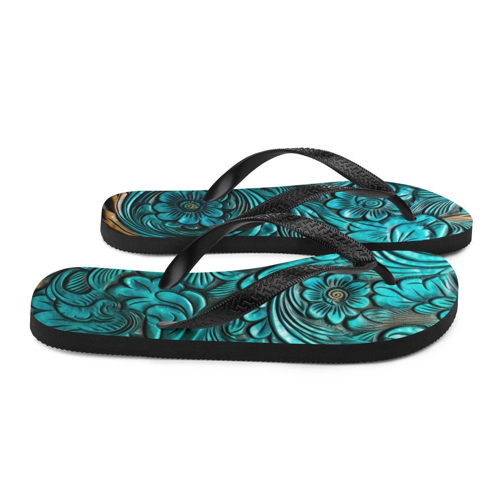 Scrolled leather design blue Flip-Flops