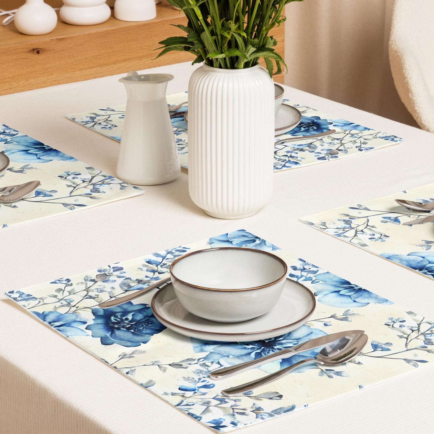 Blue Floral Placemat Set: Water-Resistant Table Mats, Set of 4