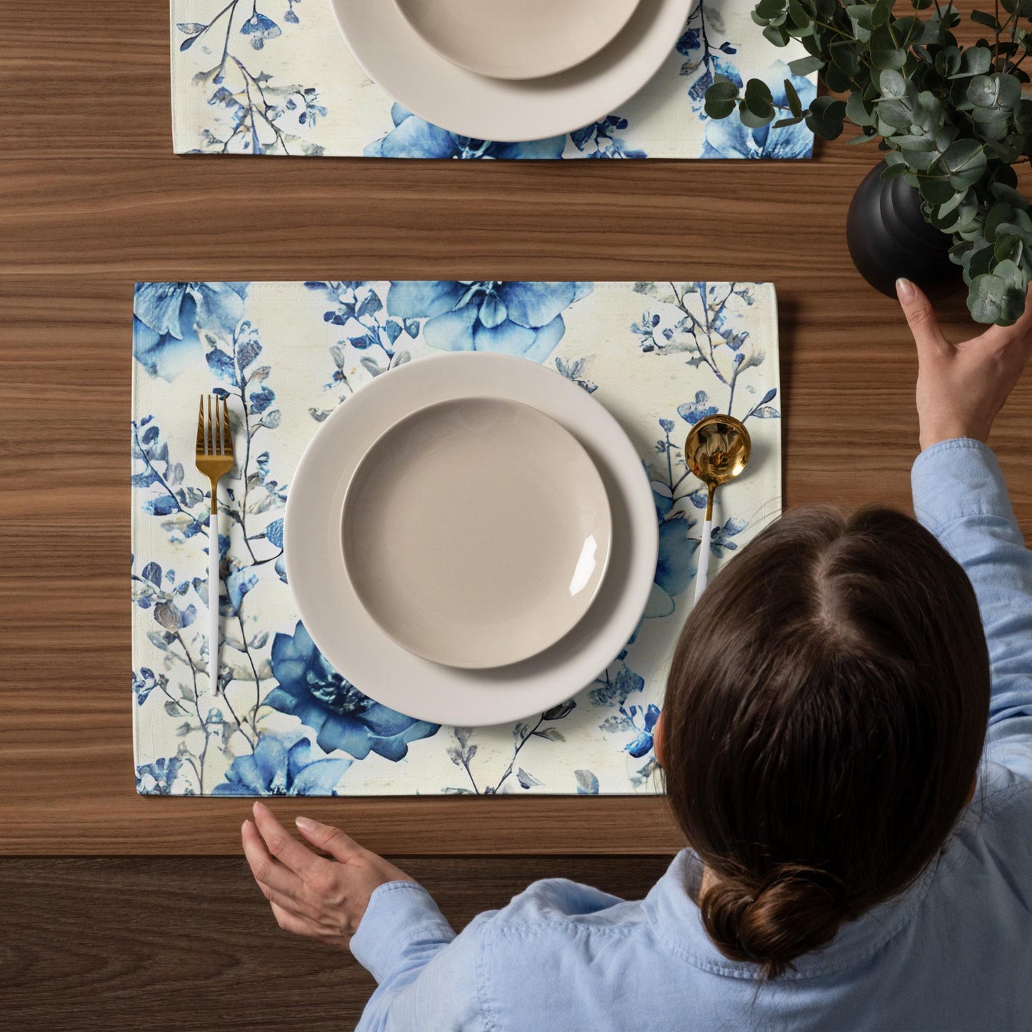 Blue Floral Placemat Set: Water-Resistant Table Mats, Set of 4