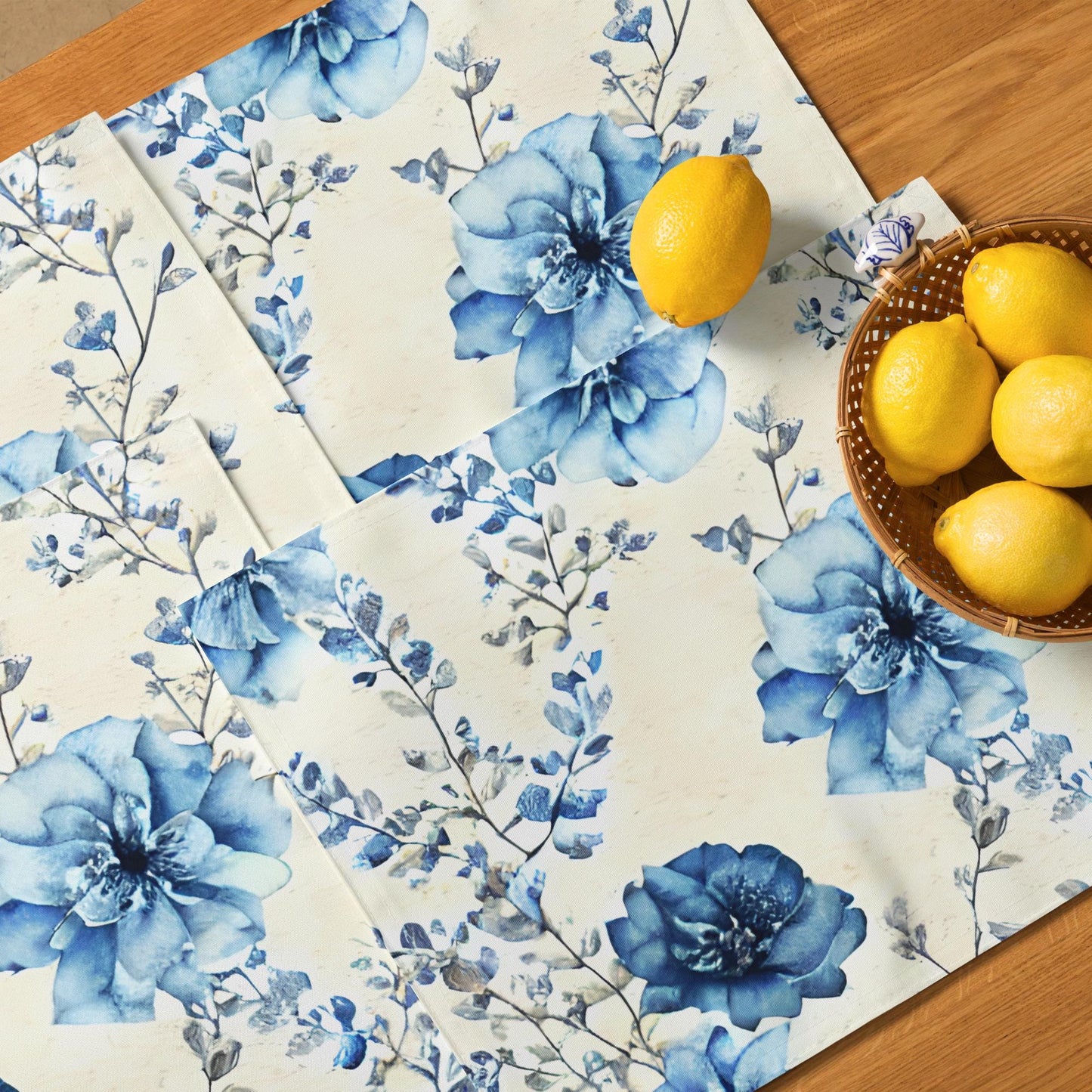 Blue Floral Placemat Set: Water-Resistant Table Mats, Set of 4