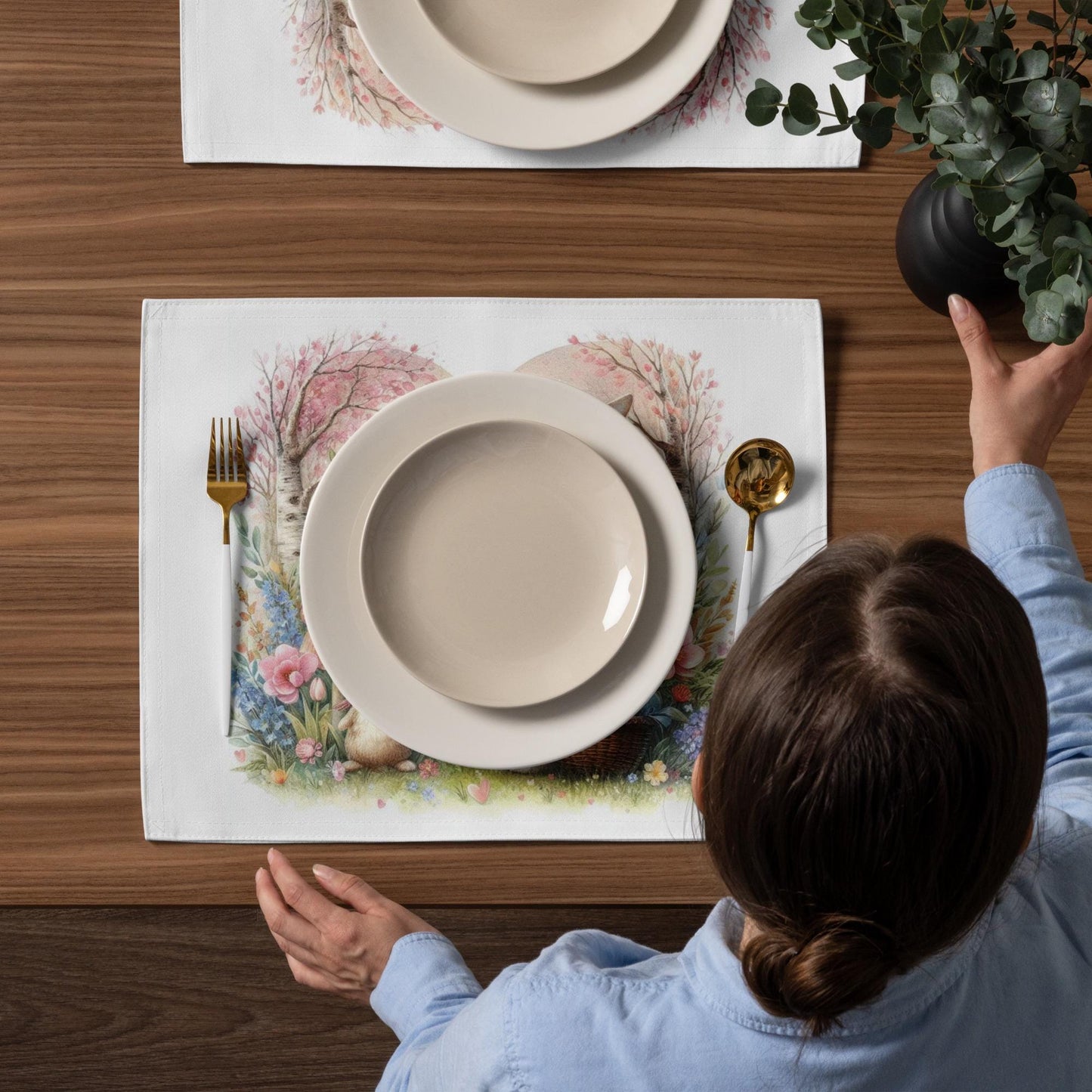Easter Bunny Placemat Set: Floral Country Table Decor