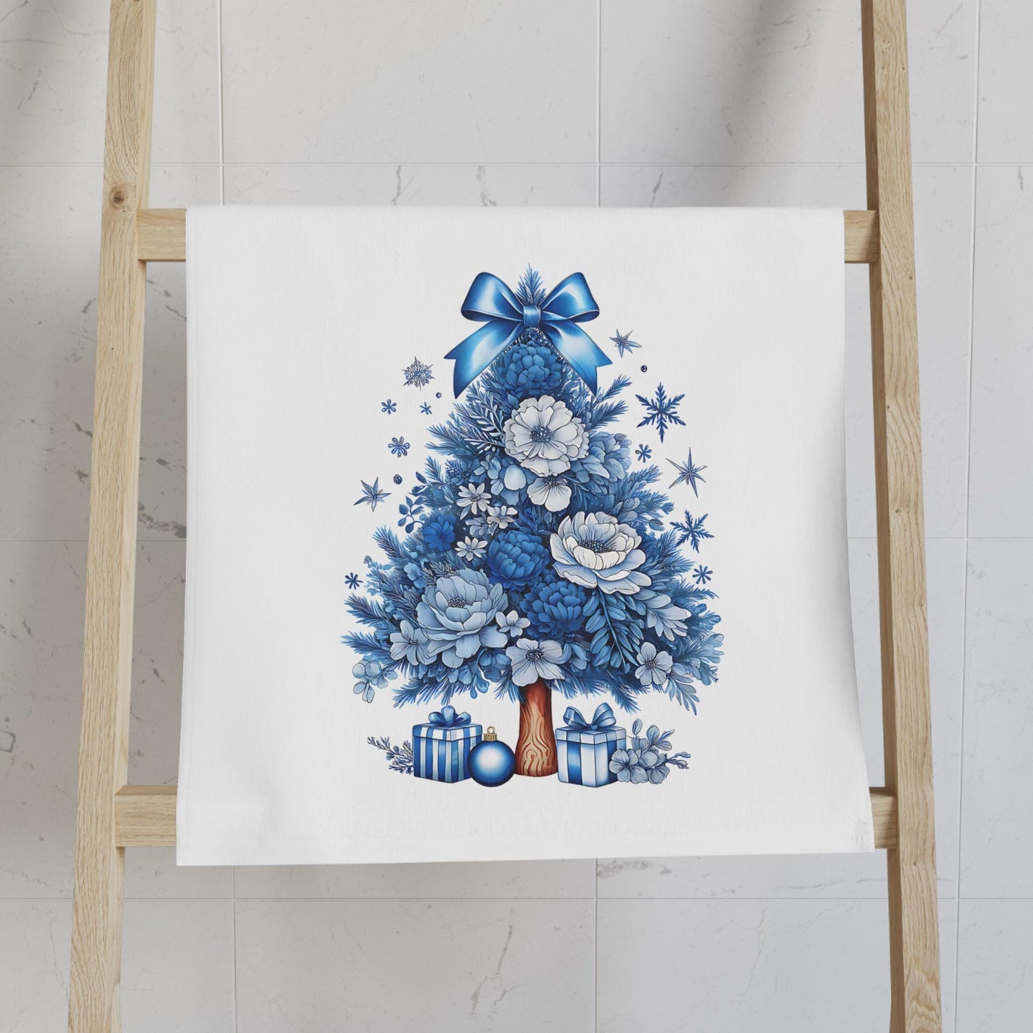 Floral Christmas Tree Hand Towel | Blue Holiday Decor