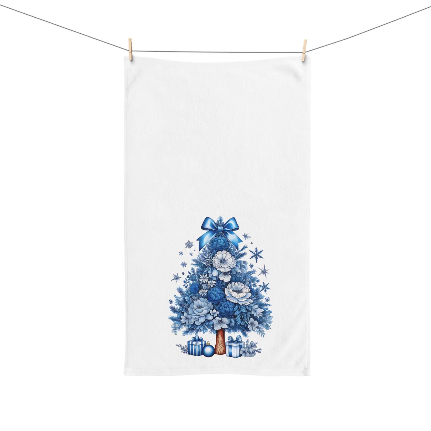 Floral Christmas Tree Hand Towel | Blue Holiday Decor
