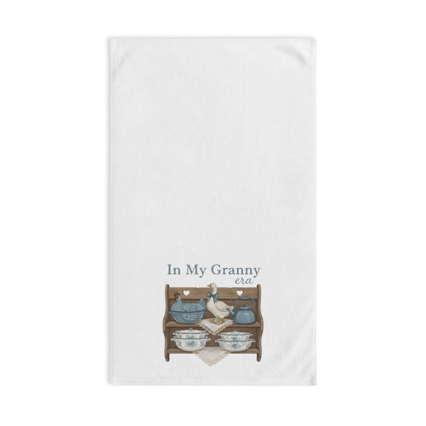 In My Granny Era Hand Towel  Vintage Country Kitchen Shelf Blue Pottery Towel
