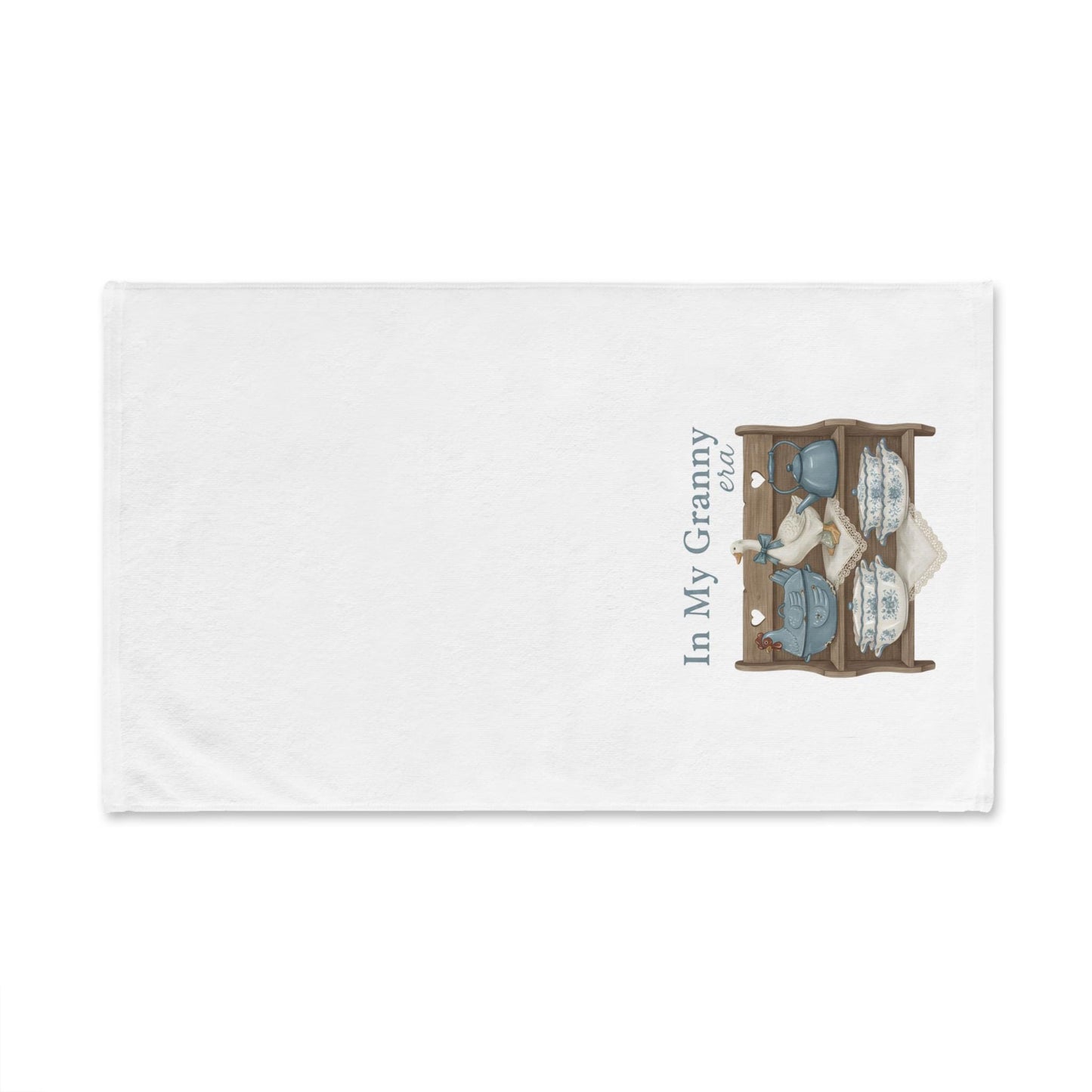In My Granny Era Hand Towel  Vintage Country Kitchen Shelf Blue Pottery Towel