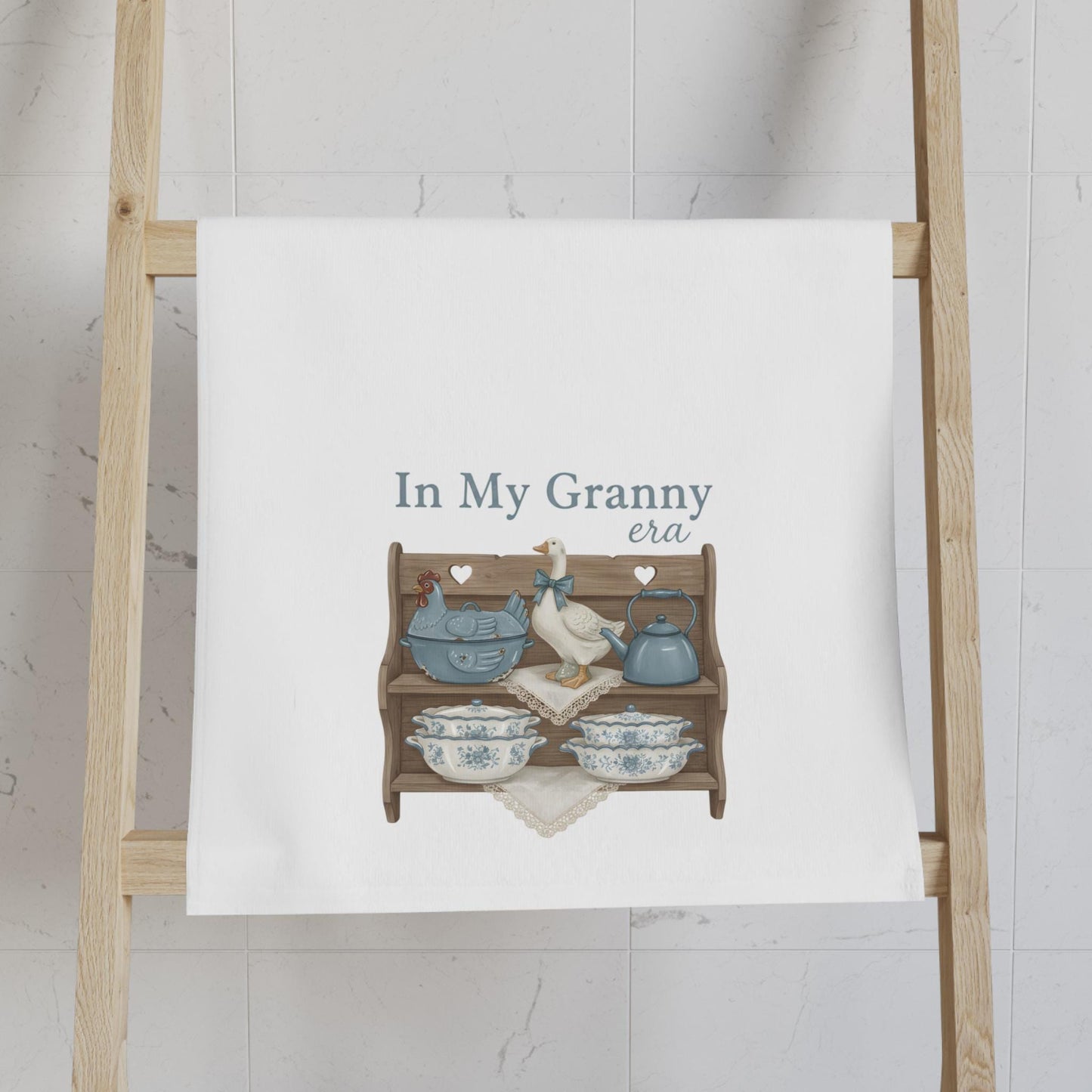In My Granny Era Hand Towel  Vintage Country Kitchen Shelf Blue Pottery Towel
