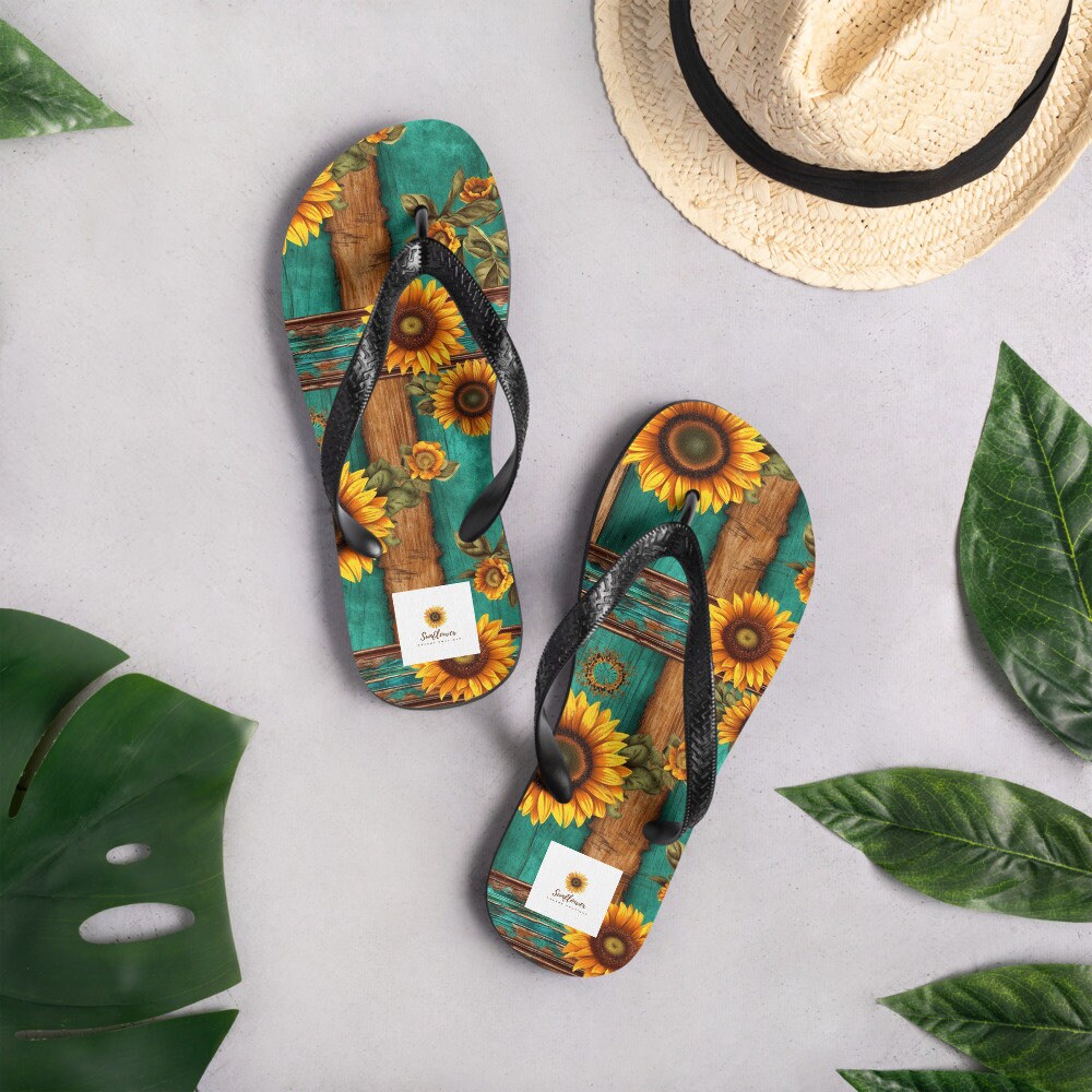 Turquoise and Sunflowers Flip-Flops