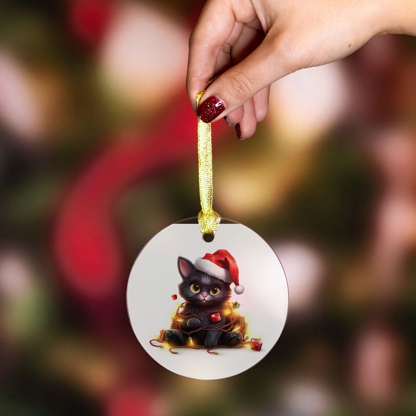 Christmas Kitty wrapped with lights Ornament - Clear Acrylic (Round)